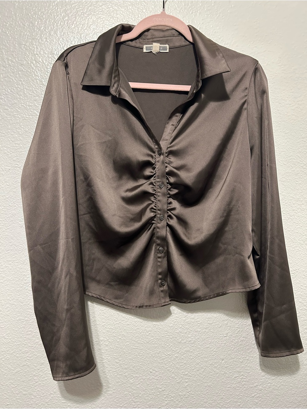 Pleione Olive Satin Ruched Button-Down Blouse